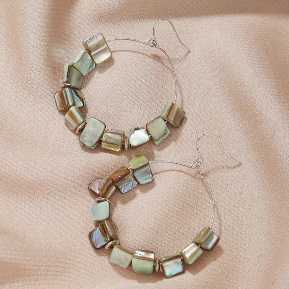 Bohemian Ivory & Brown Abalone Shell Beaded Dangle Hoop Earrings NEW - Picture 1 of 4